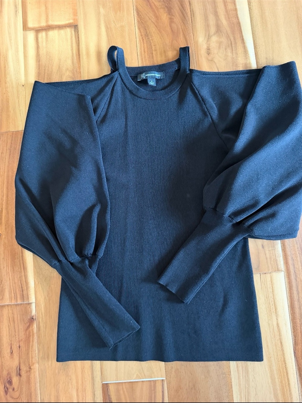 INC International Concepts Black Cold-Shoulder Balloon Sleeve Crewneck Sweater